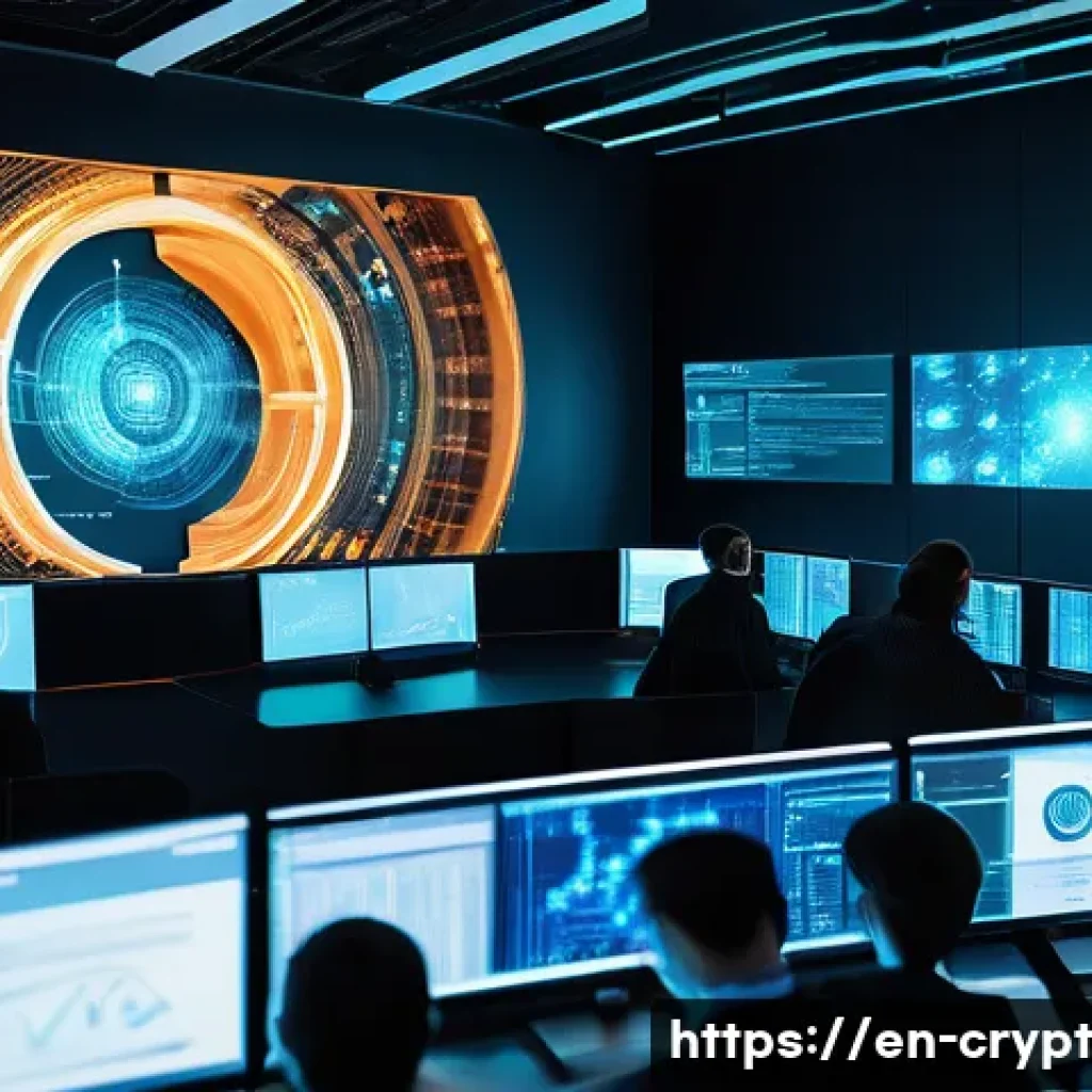 암호화폐 및 블록체인 보안의 미래 - A futuristic blockchain security control center featuring a diverse team of cybersecurity experts mo...