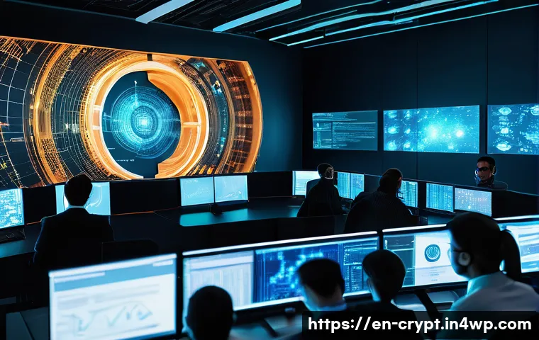 암호화폐 및 블록체인 보안의 미래 - A futuristic blockchain security control center featuring a diverse team of cybersecurity experts mo...