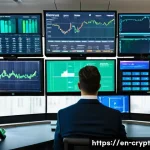 Home 22 암호화폐 안전하게 거래하는 팁 - A high-tech crypto exchange control room with multiple large digital screens displaying real-time tr...