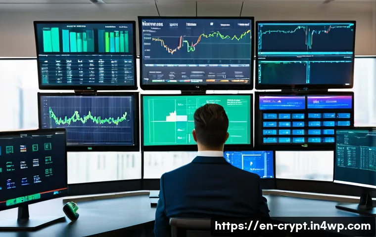 암호화폐 안전하게 거래하는 팁 - A high-tech crypto exchange control room with multiple large digital screens displaying real-time tr...