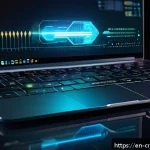 Home 21 암호화폐 관련 바이러스 및 맬웨어 예방 - A high-tech digital security scene showing a sleek, modern hardware 2FA device (like a YubiKey) plug...