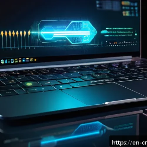 Home 33 암호화폐 관련 바이러스 및 맬웨어 예방 - A high-tech digital security scene showing a sleek, modern hardware 2FA device (like a YubiKey) plug...