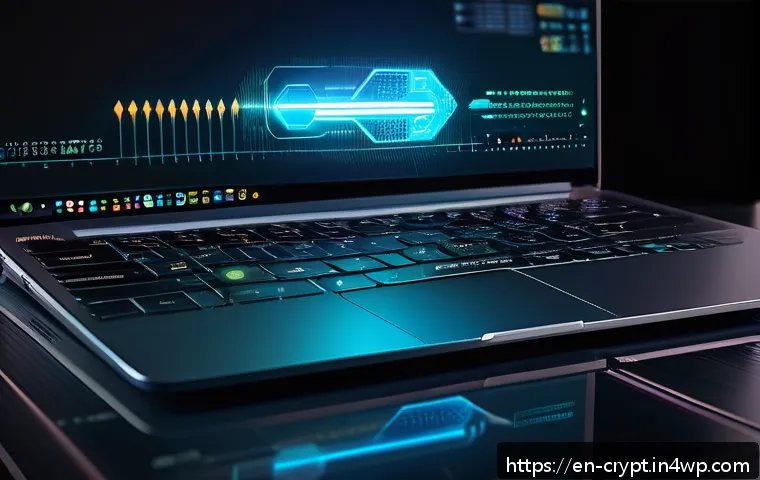 암호화폐 관련 바이러스 및 맬웨어 예방 - A high-tech digital security scene showing a sleek, modern hardware 2FA device (like a YubiKey) plug...