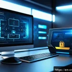 Home 20 암호화폐 보안 리스크 관리 전략 - A detailed digital art scene showing a sleek hardware crypto wallet device on a modern desk, surroun...
