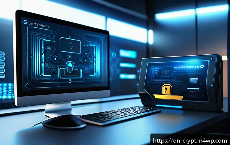 암호화폐 보안 리스크 관리 전략 - A detailed digital art scene showing a sleek hardware crypto wallet device on a modern desk, surroun...