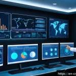 Home 19 암호화폐 보안 감사 기준 및 절차 - A high-tech cybersecurity control room with multiple large digital screens displaying blockchain net...