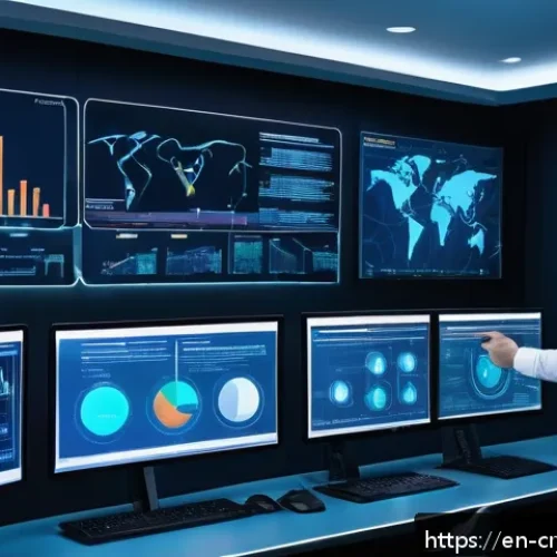 Home 31 암호화폐 보안 감사 기준 및 절차 - A high-tech cybersecurity control room with multiple large digital screens displaying blockchain net...