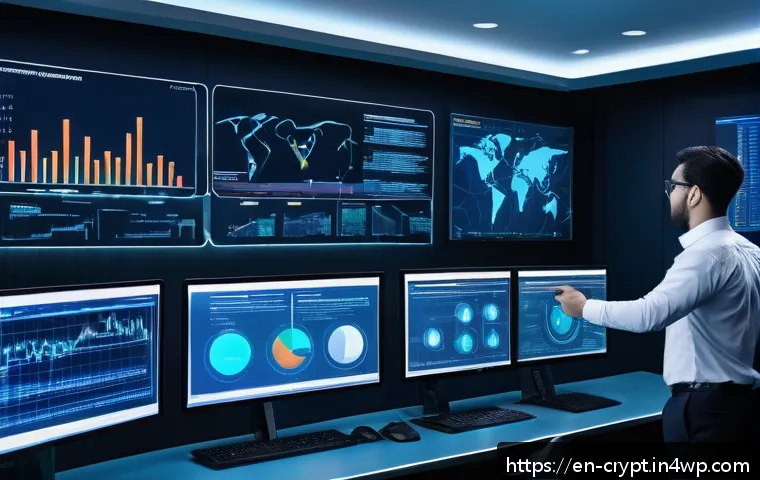 암호화폐 보안 감사 기준 및 절차 - A high-tech cybersecurity control room with multiple large digital screens displaying blockchain net...