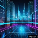 Home 18 개인정보 보호와 암호화폐의 관계 - A futuristic digital cityscape glowing with interconnected blockchain nodes and encrypted data strea...