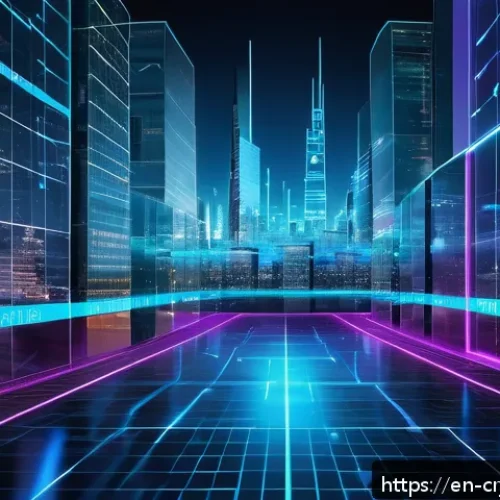 Home 30 개인정보 보호와 암호화폐의 관계 - A futuristic digital cityscape glowing with interconnected blockchain nodes and encrypted data strea...