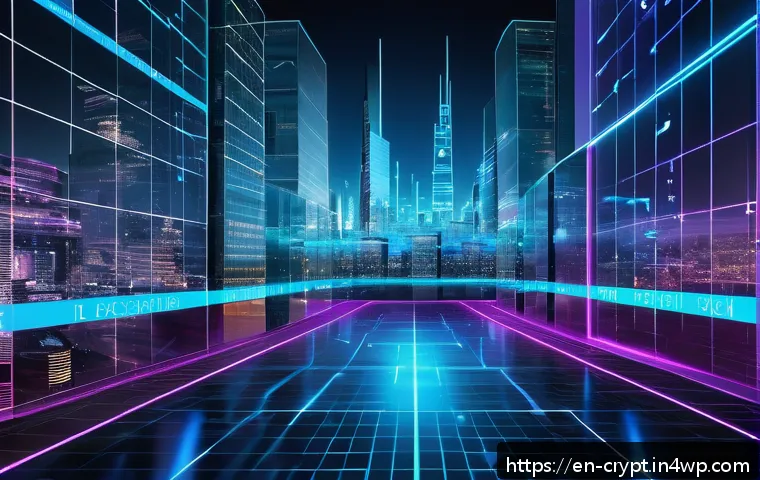 개인정보 보호와 암호화폐의 관계 - A futuristic digital cityscape glowing with interconnected blockchain nodes and encrypted data strea...