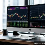 Home 23 암호화폐 환전 시 주의사항 - A modern, sleek cryptocurrency trading desk setup featuring multiple high-resolution monitors displa...