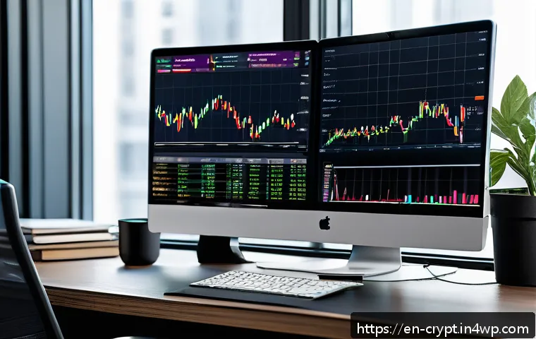 암호화폐 환전 시 주의사항 - A modern, sleek cryptocurrency trading desk setup featuring multiple high-resolution monitors displa...