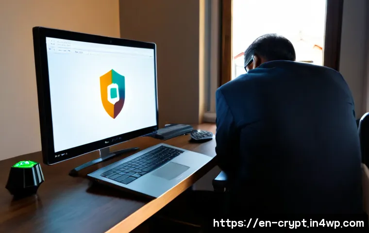 Home 17 암호화폐 거래의 안전한 환경 조성하기 - Photorealistic home office scene of a middle-aged investor securely reviewing a cryptocurrency portf...