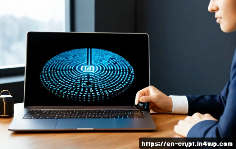 ICO와 암호화폐 투자자의 보안 - Photorealistic home office scene of a cautious cryptocurrency investor using a laptop with a hardwar...