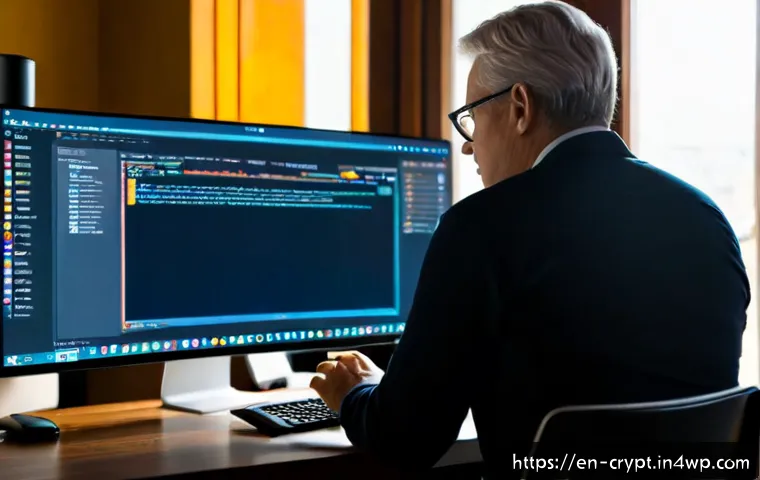 암호화폐 보안 소프트웨어 추천 리스트 - Photorealistic home office scene of a middle-aged investor reviewing cryptocurrency security softwar...